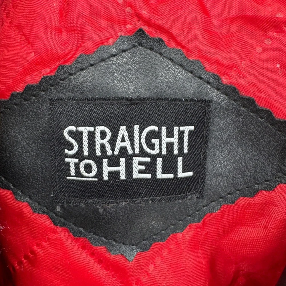 Straight to Hell Moto‎ Jacket Large Black Faux Leather Red Quilted Lined Belted